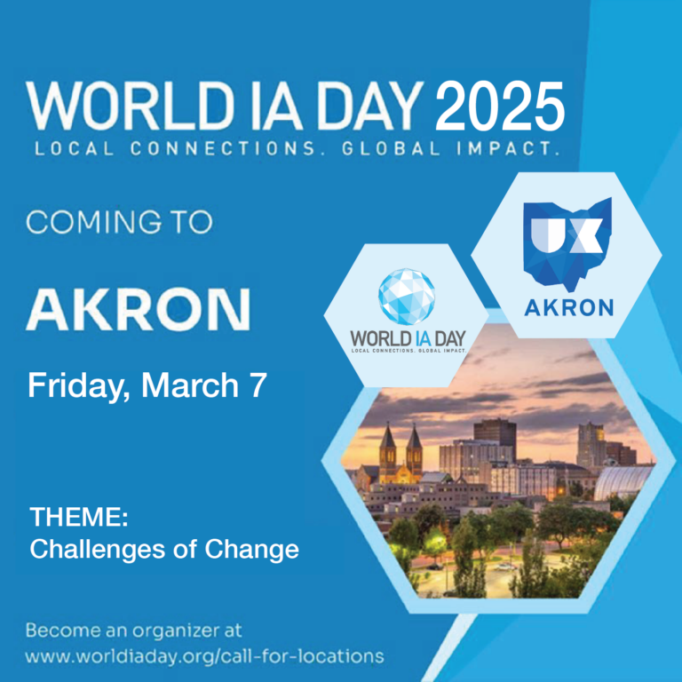 Blue image featuring hexagons with logos for UX Akron and World IA Day, and highlighting that World IA Day is Coming to Akron on Friday March 7, 2025.