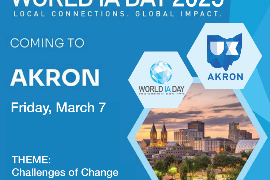 Blue image featuring hexagons with logos for UX Akron and World IA Day, and highlighting that World IA Day is Coming to Akron on Friday March 7, 2025.